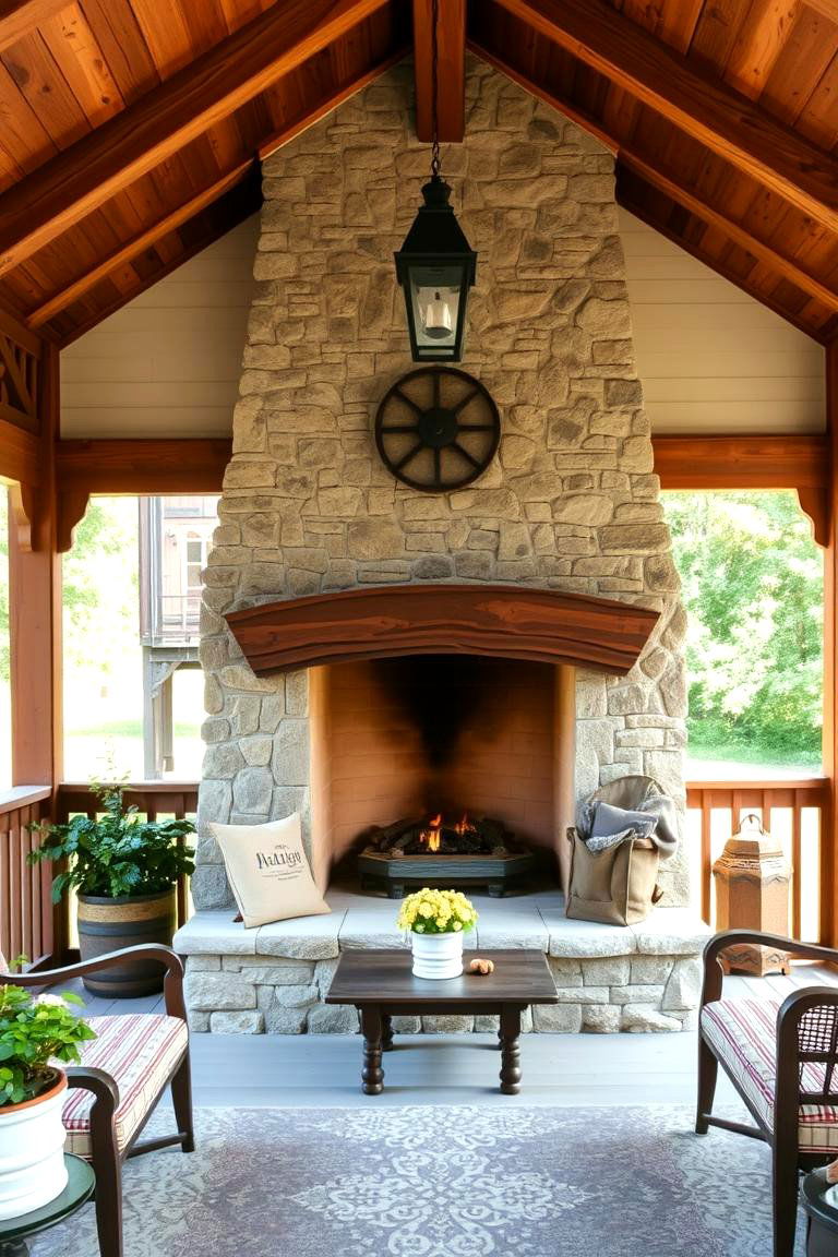 Farmhouse Inspired Outdoor Fireplace with Reclaimed Wood - 24 Porch Fireplace Ideas