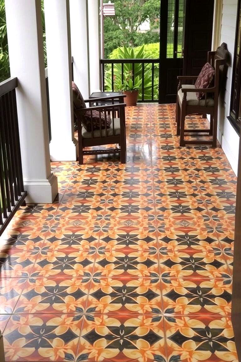 Farmhouse Porch with Patterned Tiles - 24 Farmhouse Porch Ideas