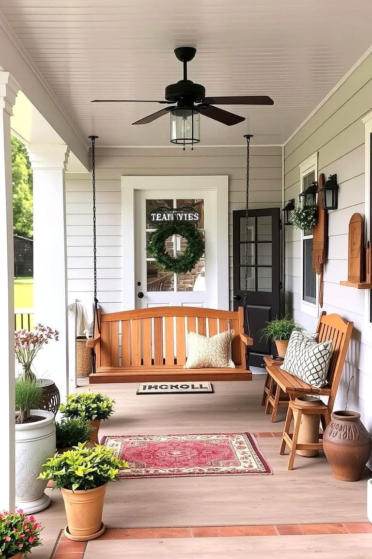 Farmhouse Porch with Swing - 24 Modern Front Porch Ideas