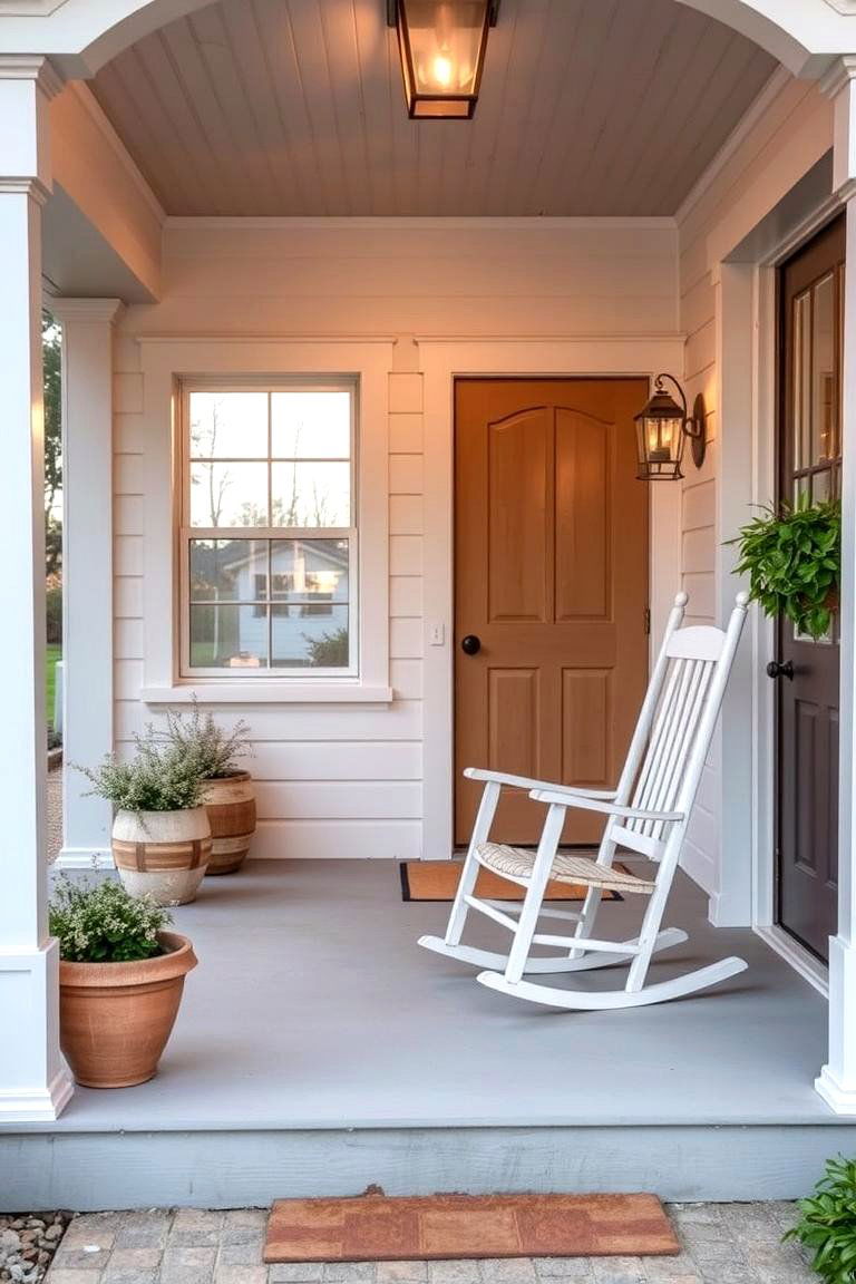 Farmhouse Porch with a Vintage Rocking Chair - 24 Barndominium Front Porch Ideas