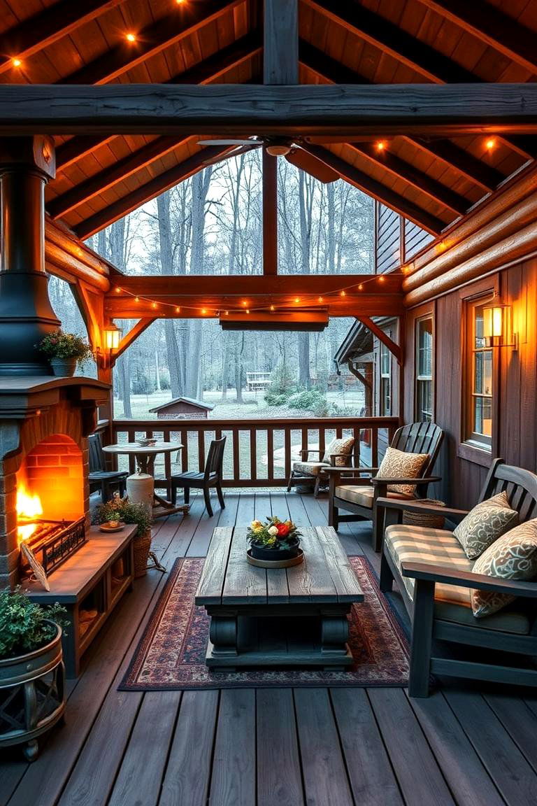 Farmhouse Rustic Comfort - 24 Covered Deck With Fireplace Ideas