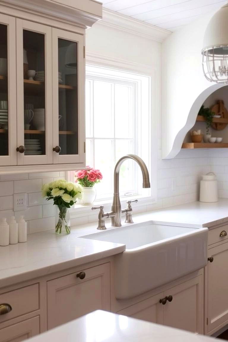 Farmhouse Sink with a Gooseneck Faucet - 24 Rustic White Kitchen Ideas