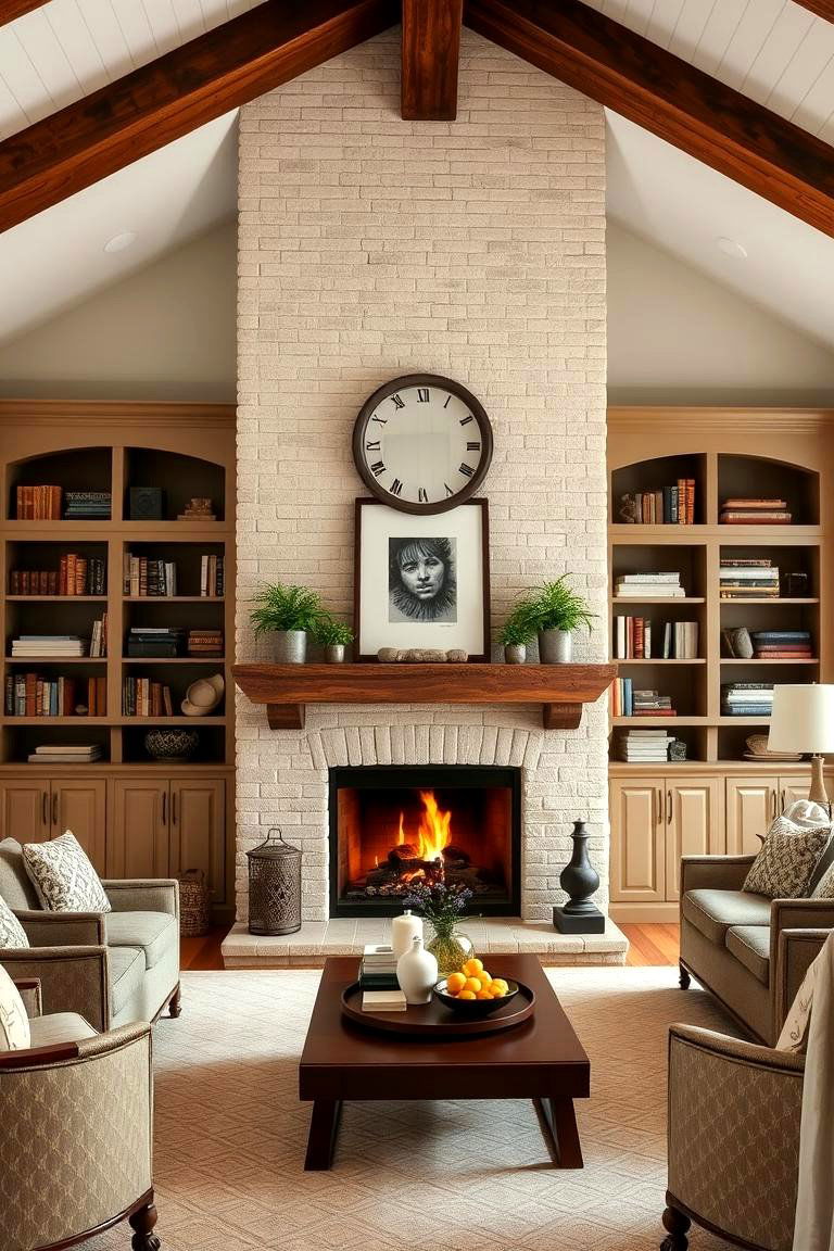 Farmhouse Style Fireplace with Shelves and a Mantel - 24 Fireplace With Bookshelves