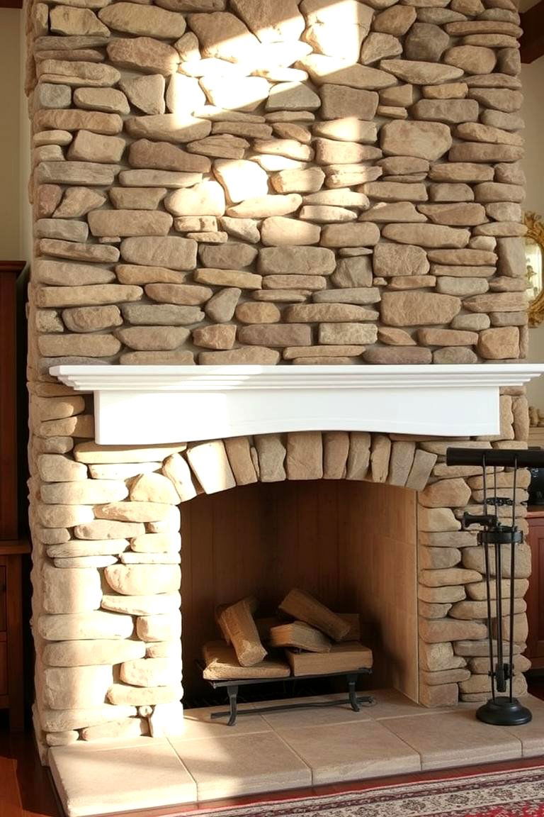 Farmhouse Style Stacked Stone Hearth - 24 Stacked Stone Fireplace Ideas
