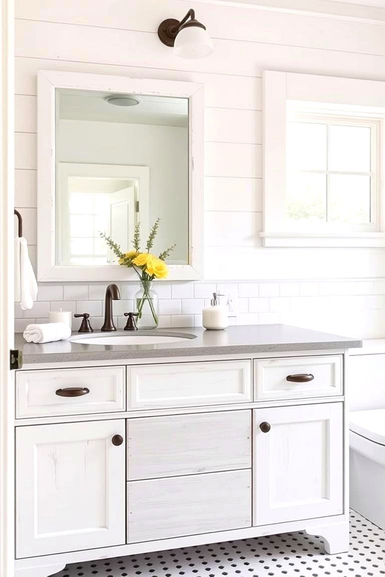 Farmhouse Style White Vanity with a Distressed Grey Finish - 24 Grey and White Bathroom Ideas