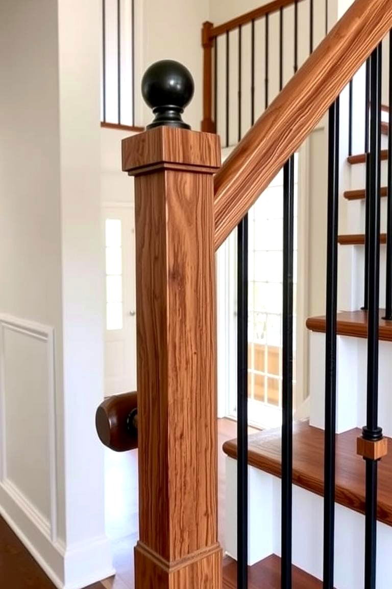 Farmhouse Style Wood Railing with Metal Accents - 24 Wood Stair Railing Ideas