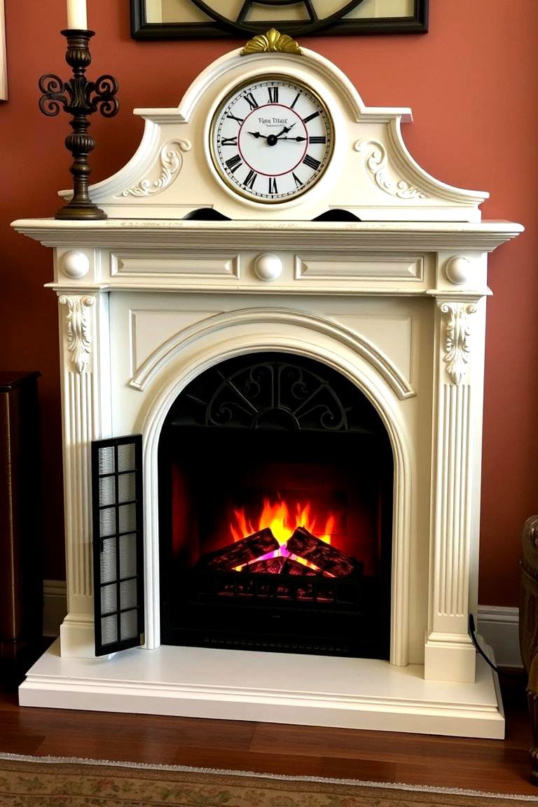 Faux Fireplace with a Mantel Clock - 24 Faux Fireplace Ideas