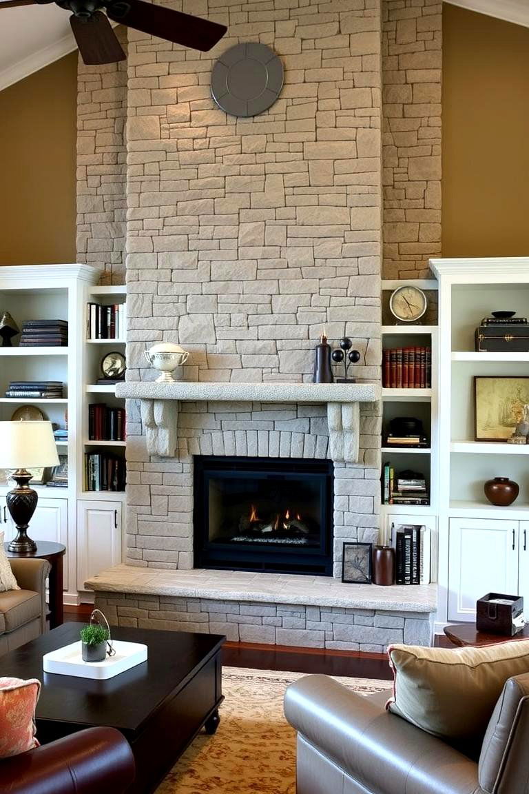 Faux Stone Fireplace with Built In Shelving - 24 Faux Stone Fireplace Ideas