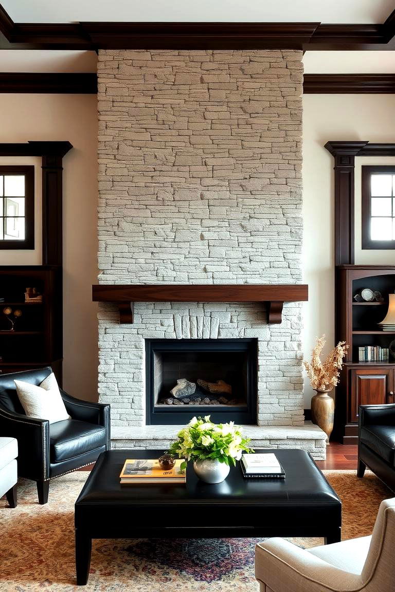 Faux Stone Fireplace with Dark Trim - 24 Faux Stone Fireplace Ideas