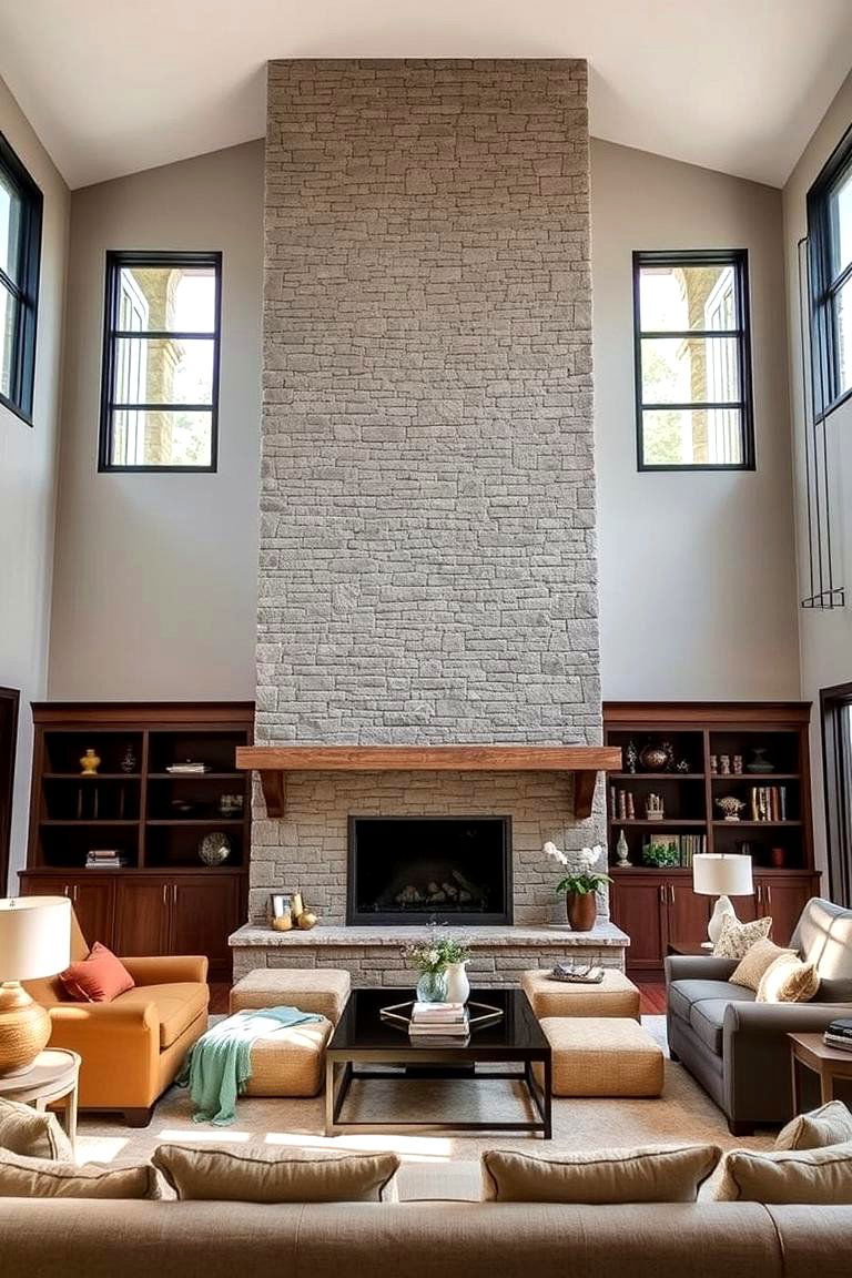 Faux Stone Fireplace with High Ceilings - 24 Faux Stone Fireplace Ideas
