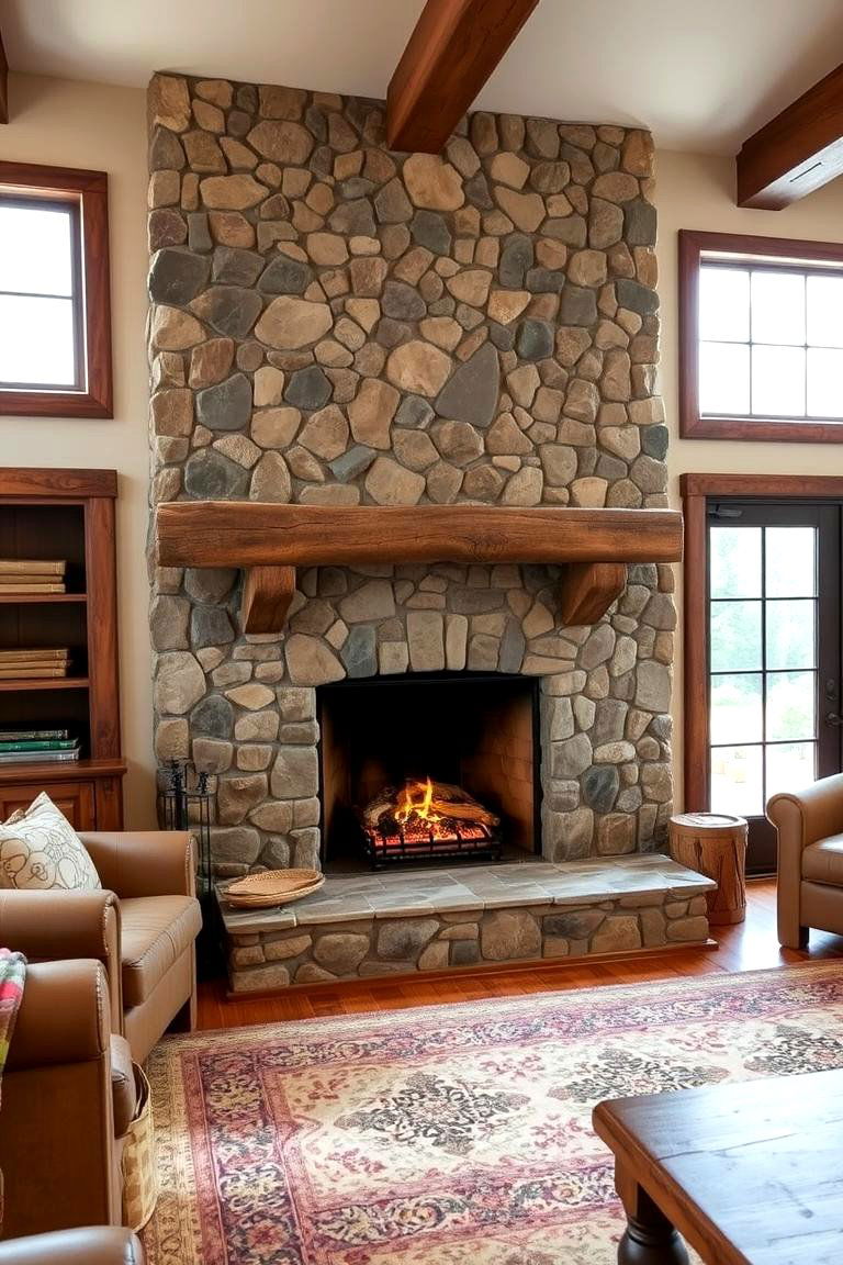 Faux Stone Fireplace with Rustic Wood Accents - 24 Faux Stone Fireplace Ideas