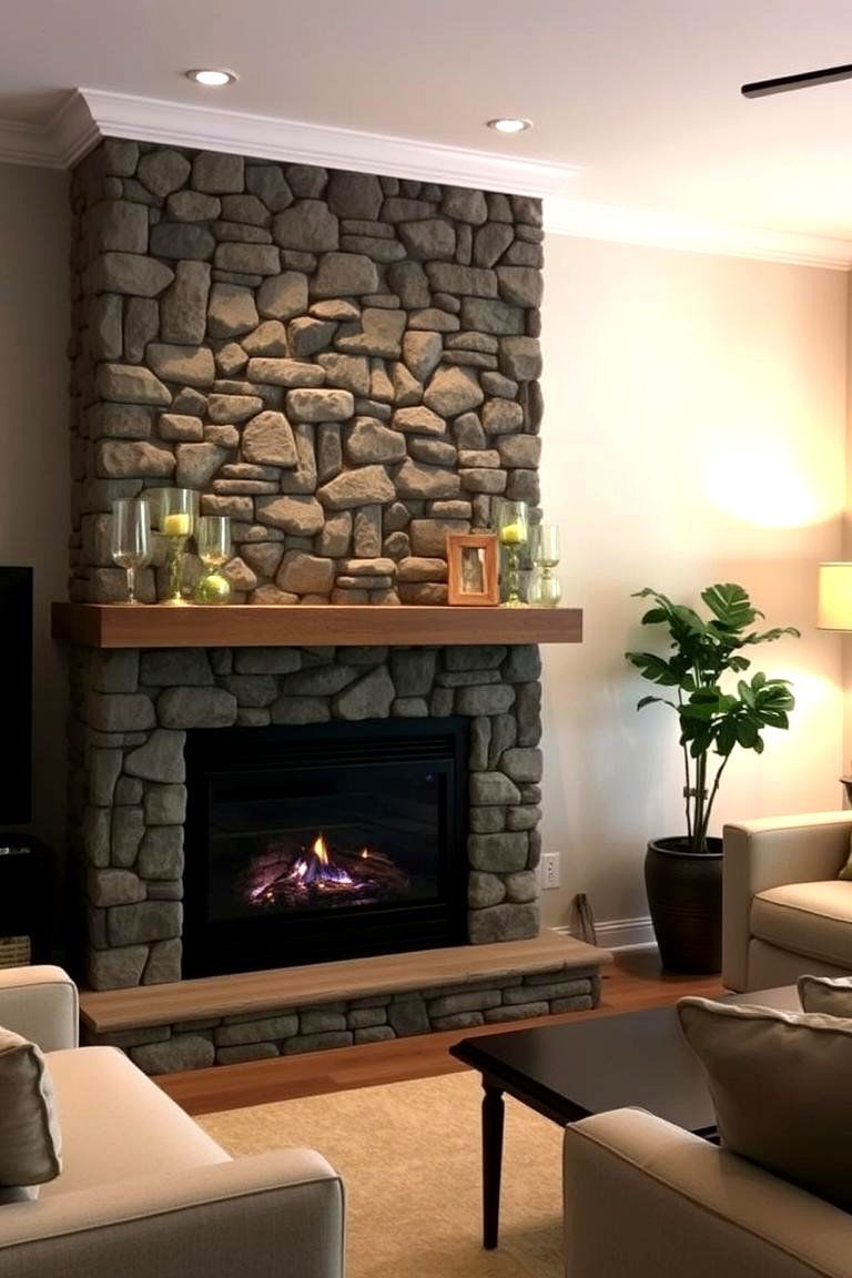 Faux Stone Fireplace with Soft Lighting - 24 Faux Stone Fireplace Ideas
