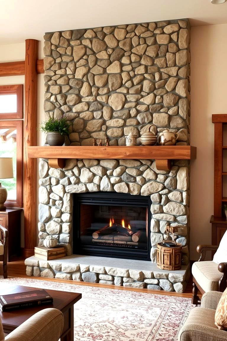 Faux Stone Fireplace with Wood Accents - 24 Faux Stone Fireplace Ideas