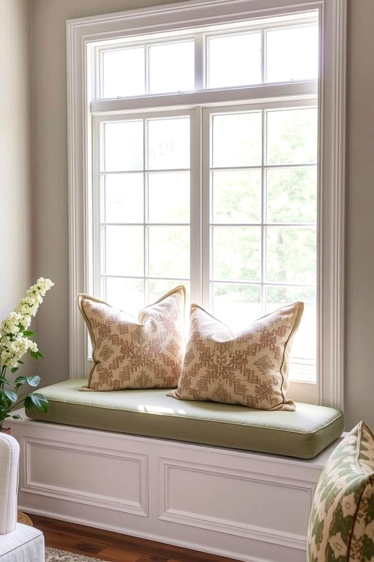 Feature Sage Green Window Seat Cushions with Rustic Patterned Pillows - 24 Rustic Sage Green Living Room Ideas