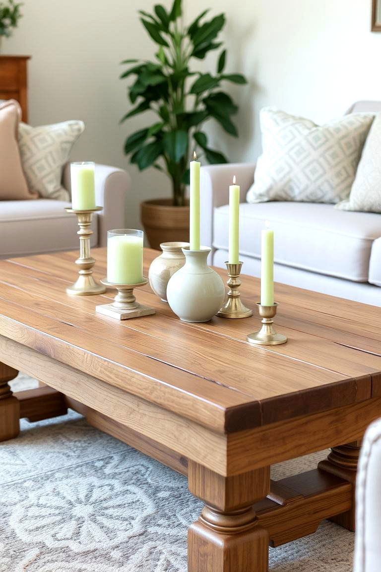 Feature a Rustic Wooden Coffee Table with Sage Green Touches - 24 Rustic Sage Green Living Room Ideas