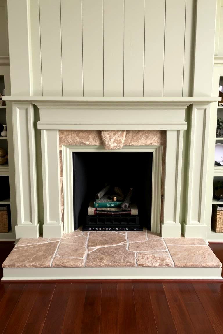 Feature a Sage Green Painted Fireplace Surround with Natural Stone Accents - 24 Rustic Sage Green Living Room Ideas
