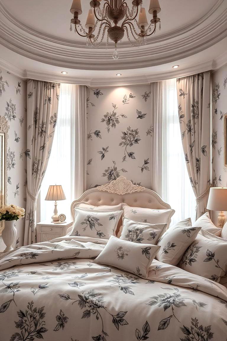 Feminine Floral Motifs in Monochrome - 24 Feminine Black and White Bedroom Ideas