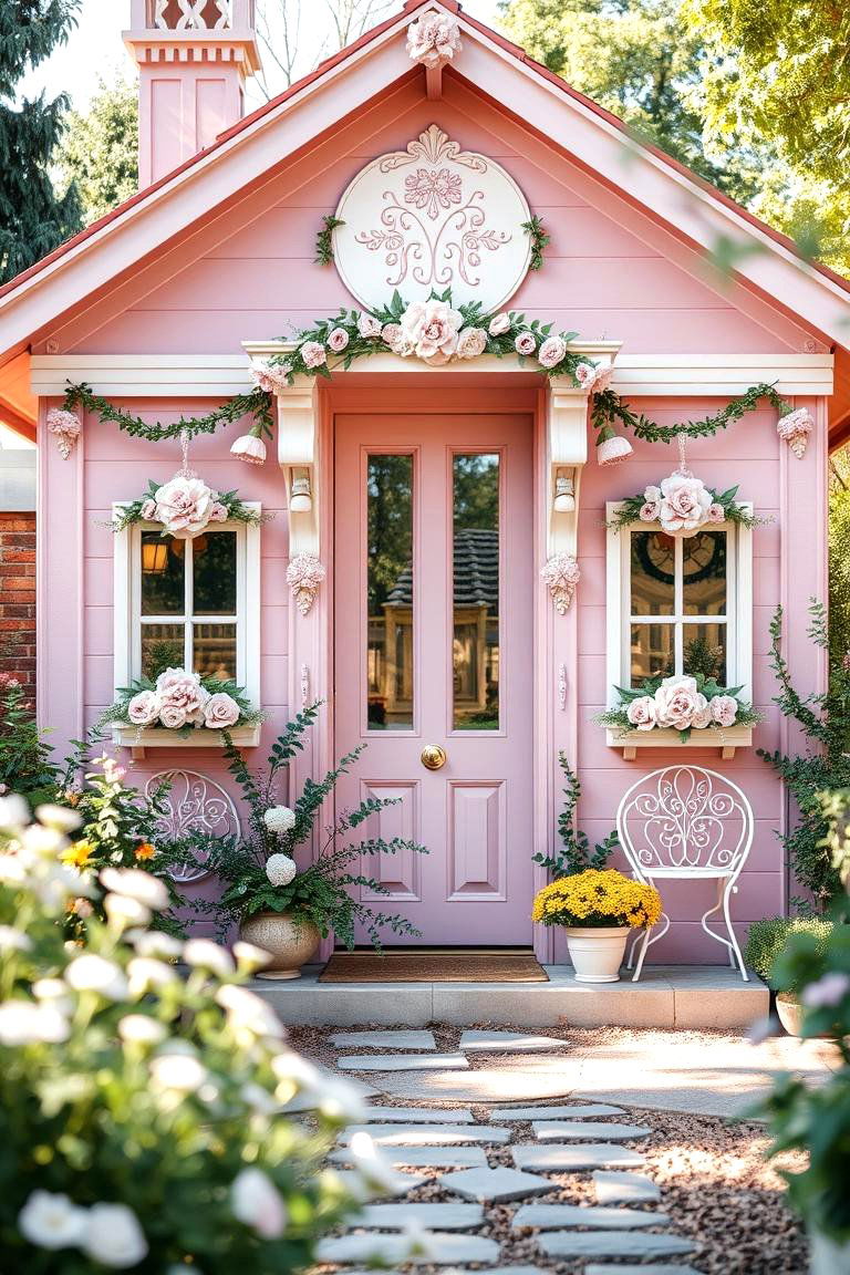 Feminine Pink with Floral Embellishments - 24 Pink House Exterior Ideas
