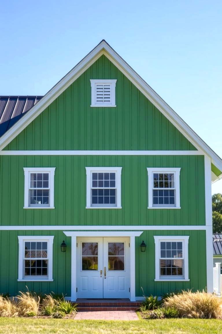 Fern Green with White Panels - 24 Farmhouse Green Exterior Home Ideas