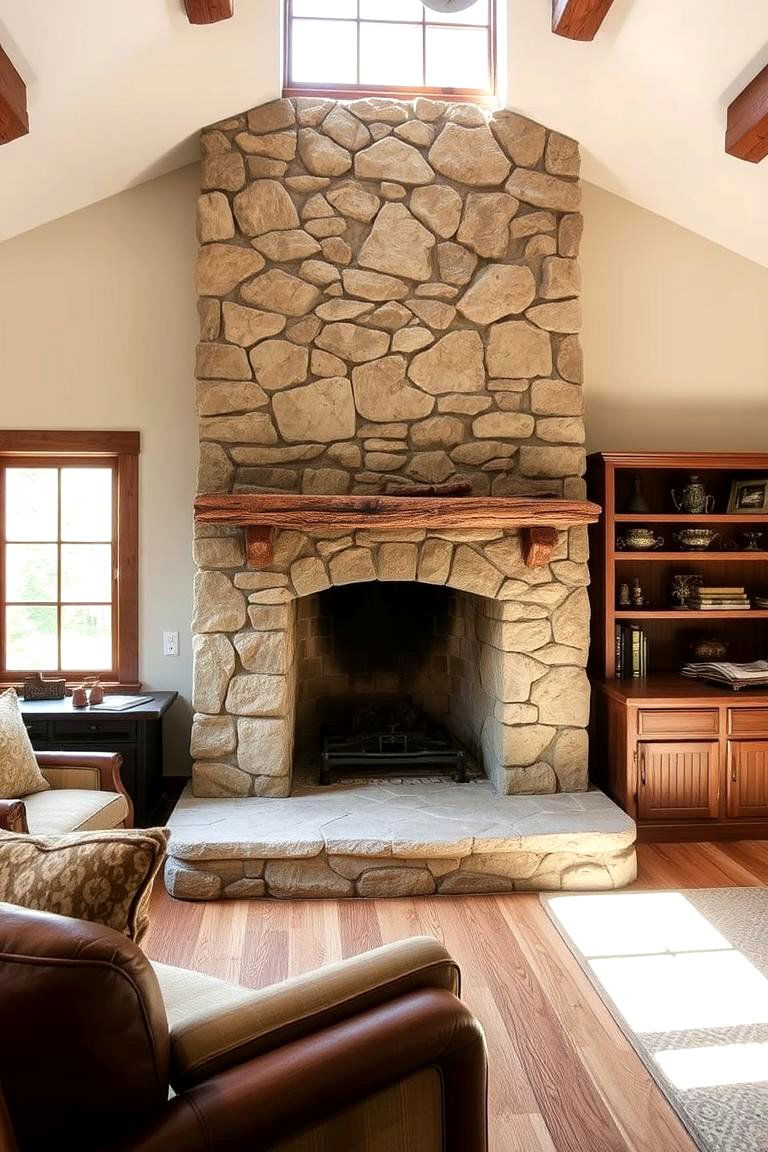 Fieldstone Fireplace with Raised Hearth - 24 Rustic Fireplaces