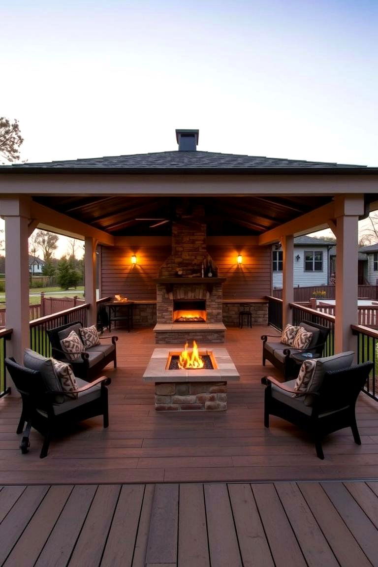 Fire Pit Fusion for Social Evenings - 24 Covered Deck With Fireplace Ideas