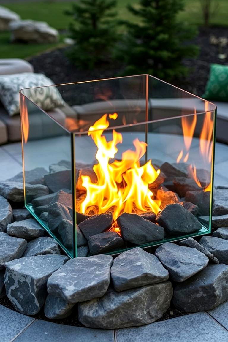 Fire Pit with Glass Surround - 24 Boulder Fire Pit Ideas