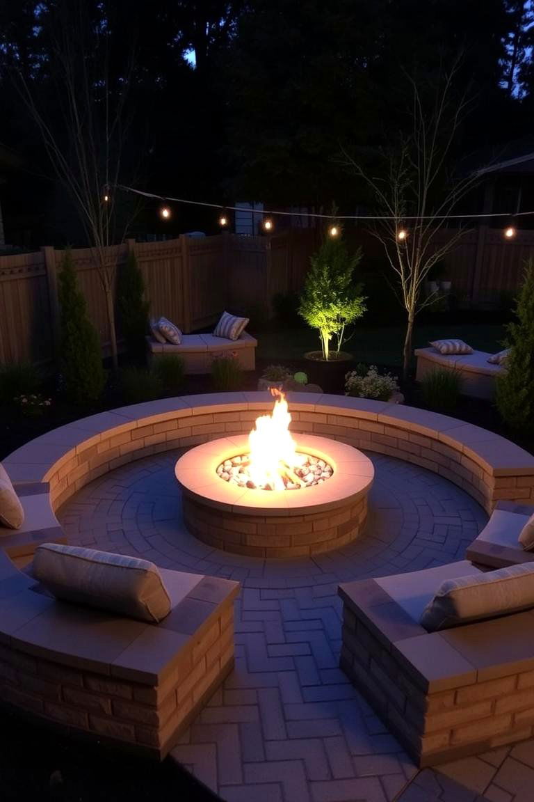 Fire Pit with Surrounding Paver Seating and Fire Features - 24 Concrete Paver Patio Fire Pit Ideas