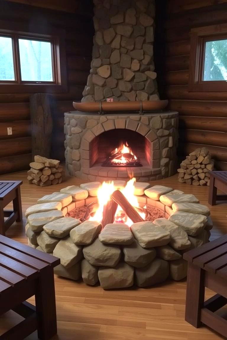 Firepit Style Indoor Fireplace - 24 Cabin Fireplace Ideas