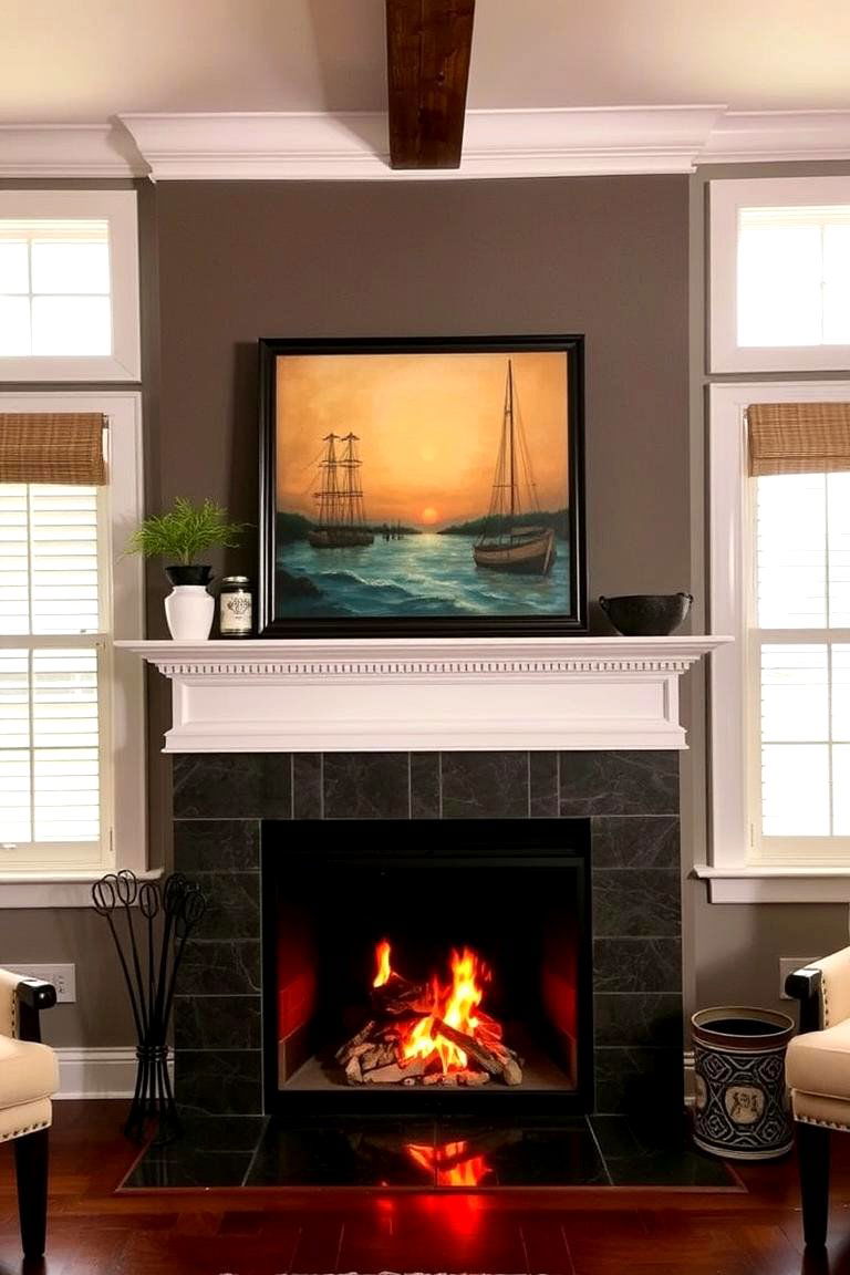 Fireplace Between Windows with Custom Art Above It - 24 Fireplace Between Windows Ideas