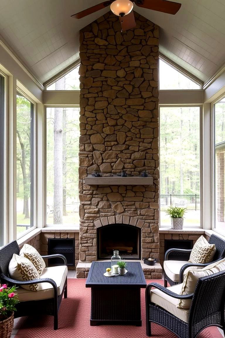 Fireplace Designed as a Privacy Wall Feature - 24 Screened-in Porch With Fireplace Ideas