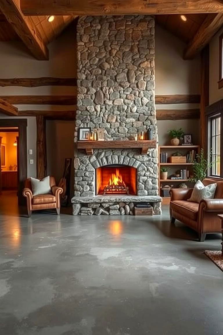 Fireplace Focal Point - 24 Rustic Concrete Floor Living Room Ideas