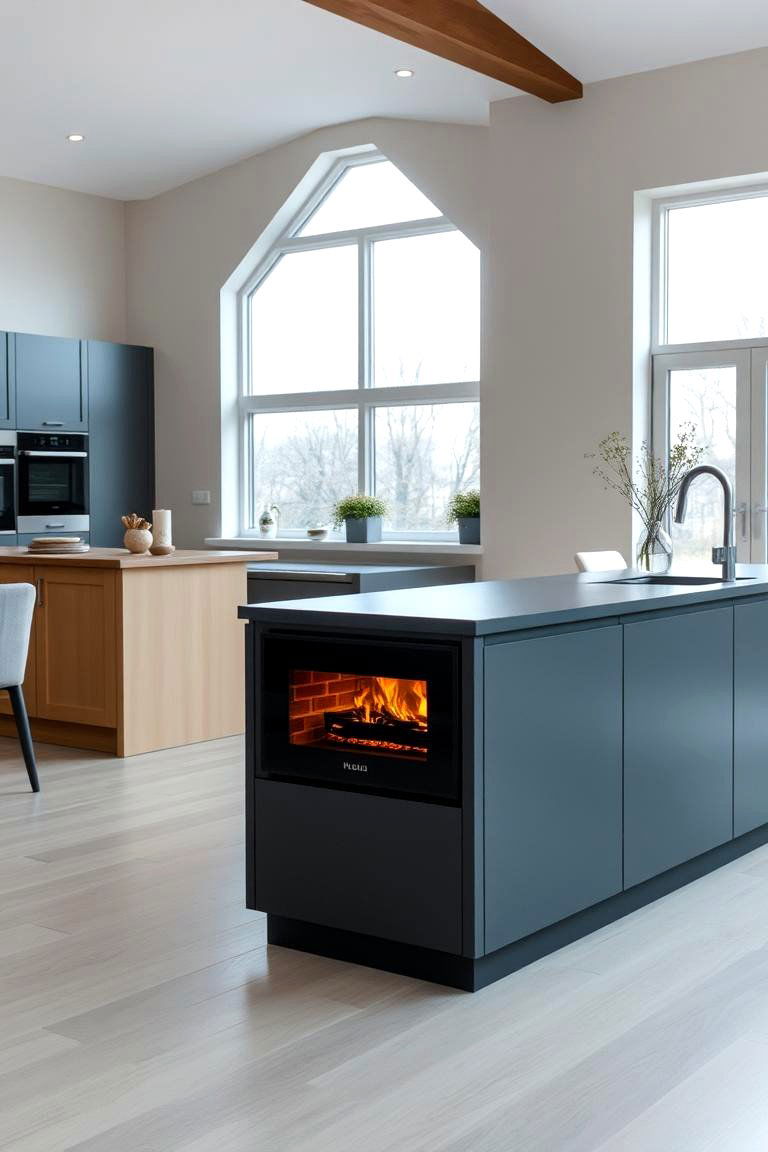 Fireplace Integrated into a Kitchen Island - 24 Off-center Fireplace Ideas