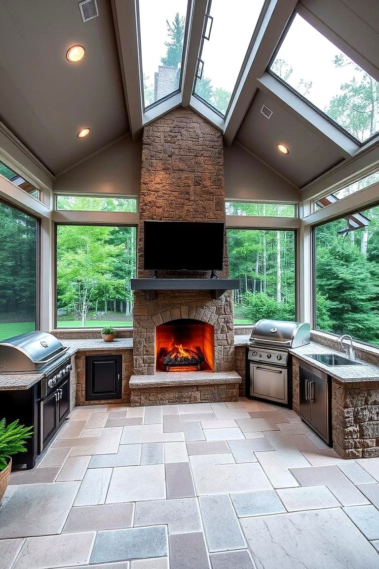 Fireplace Integrated into an Outdoor Kitchen Setup - 24 Screened-in Porch With Fireplace Ideas