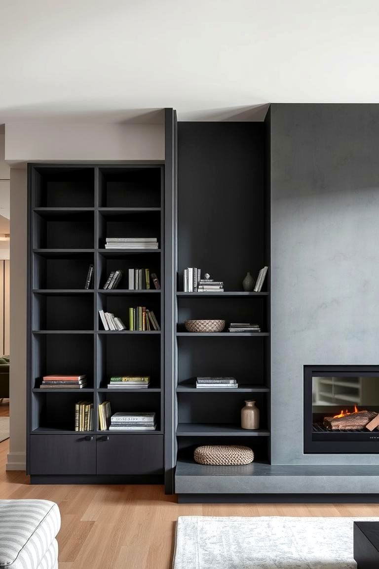 Fireplace Integrated with Shelving Unit - 24 Off-center Fireplace Ideas