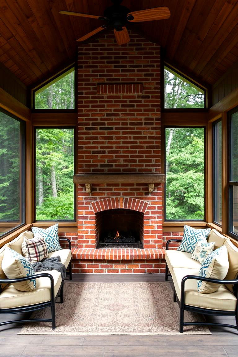 Fireplace Surrounded by Comfortable Seating Nook - 24 Screened-in Porch With Fireplace Ideas