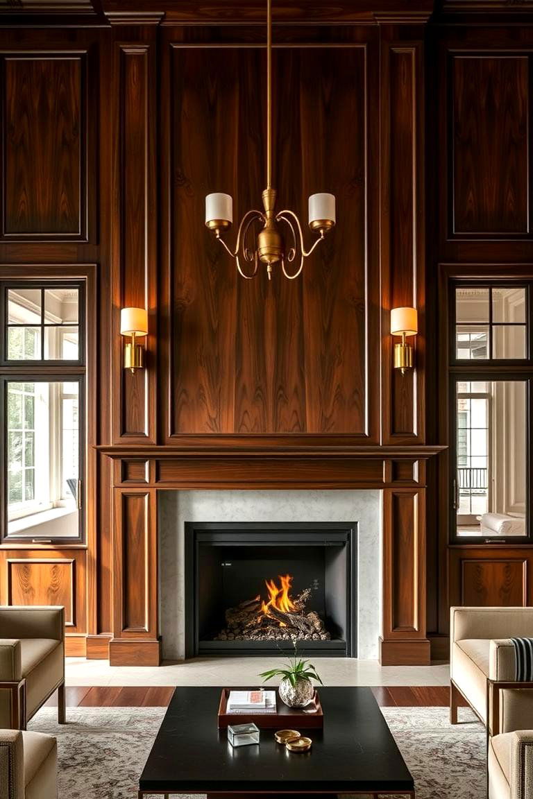 Fireplace Surrounded by Dark Wood Paneling - 24 Living Room Fireplace Ideas