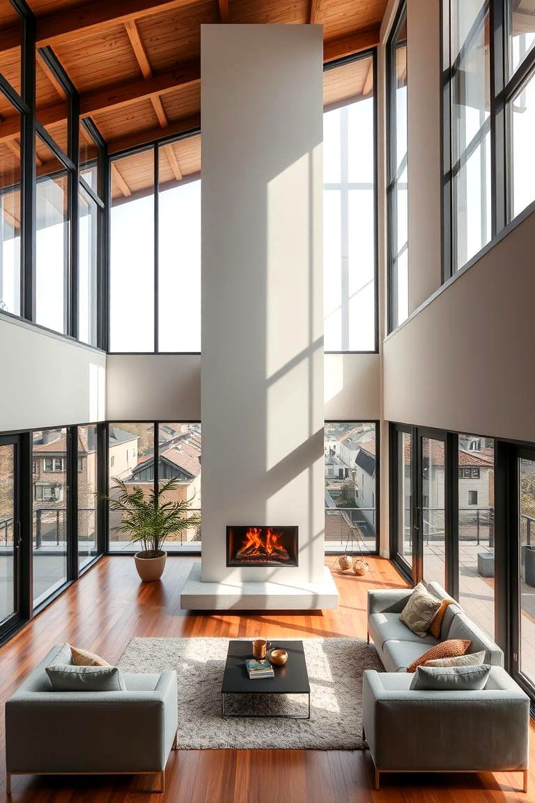 Fireplace in a Loft Between Windows - 24 Fireplace Between Windows Ideas