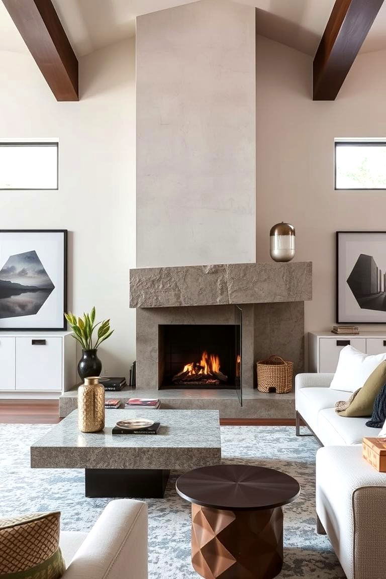 Fireplace with Abstract Surround - 24 Off-center Fireplace Ideas