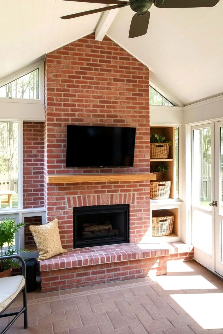 Fireplace with Built in Storage for Wood or Accessories - 24 Screened-in Porch With Fireplace Ideas