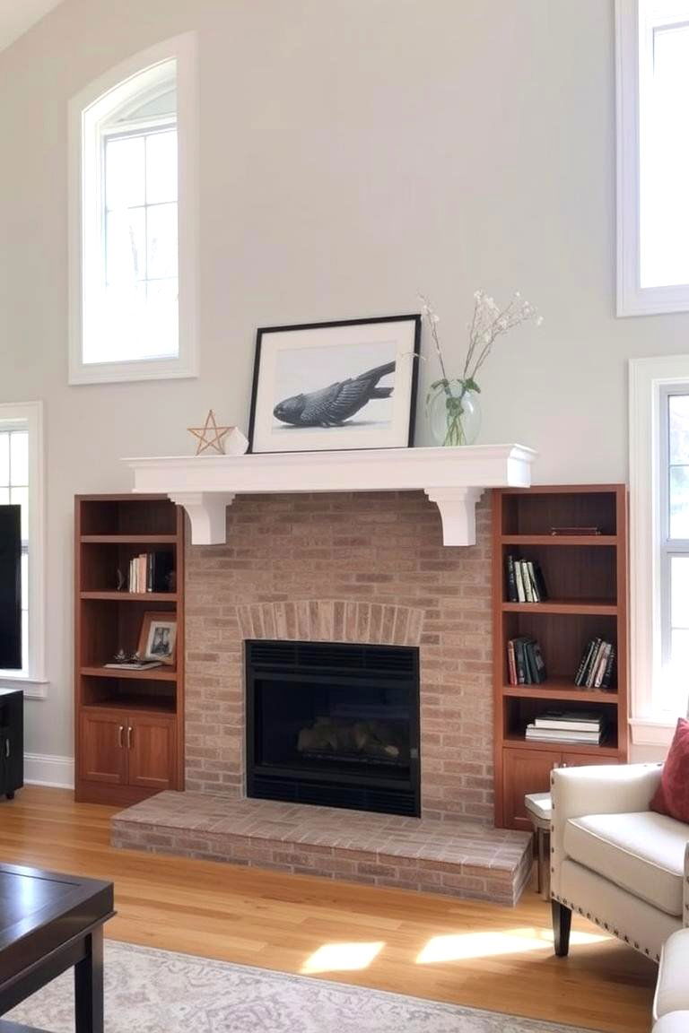 Fireplace with Integrated Mantel and Shelves Between Windows - 24 Fireplace Between Windows Ideas