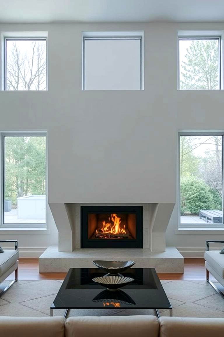 Fireplace with Sculptural Surround Between Windows - 24 Fireplace Between Windows Ideas