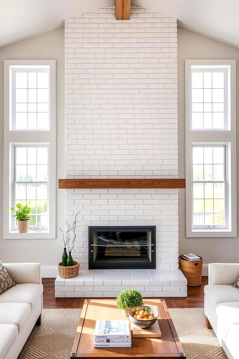 Fireplace with White Brick Between Windows - 24 Fireplace Between Windows Ideas