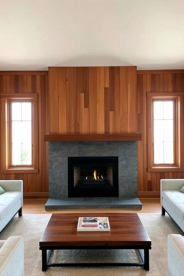 Fireplace with Wooden Paneling Between Windows - 24 Fireplace Between Windows Ideas