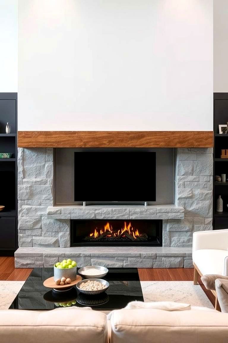 Fireplace with a Floating Stone Mantel - 24 Modern Fireplace Ideas