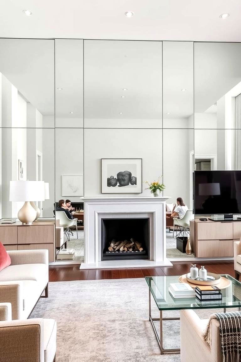 Fireplace with a Mirrored Wall - 24 Off-center Fireplace Ideas
