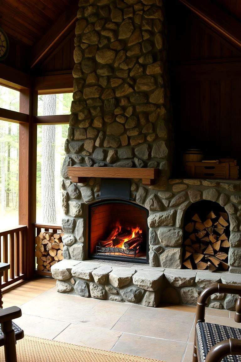Fireplace with a Rustic Log Storage Alcove - 24 Screened-in Porch With Fireplace Ideas