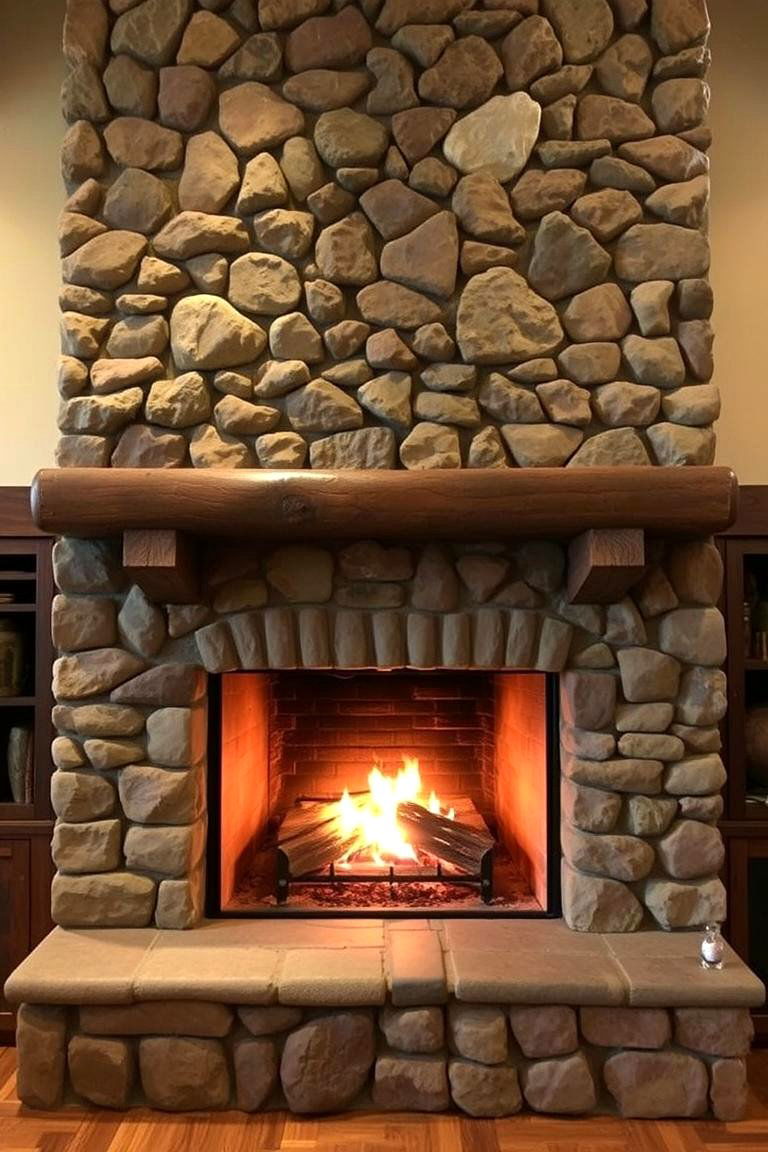 Fireplace with a Stone and Wood Combination - 24 Farmhouse Fireplace Ideas