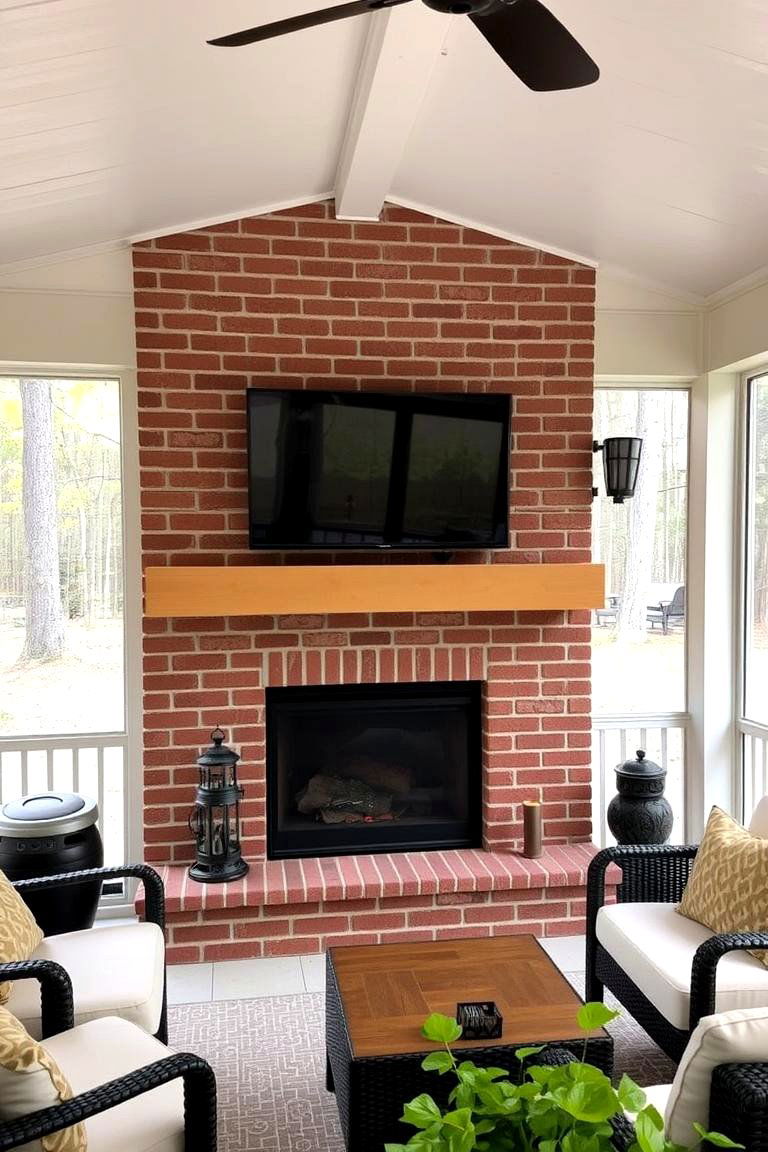 Fireplace with a Weatherproof TV Above It - 24 Screened-in Porch With Fireplace Ideas