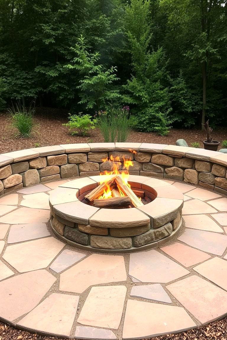 Flagstone Fire Pit Surrounded by a Stone Wall - 24 Flagstone Fire Pit Ideas