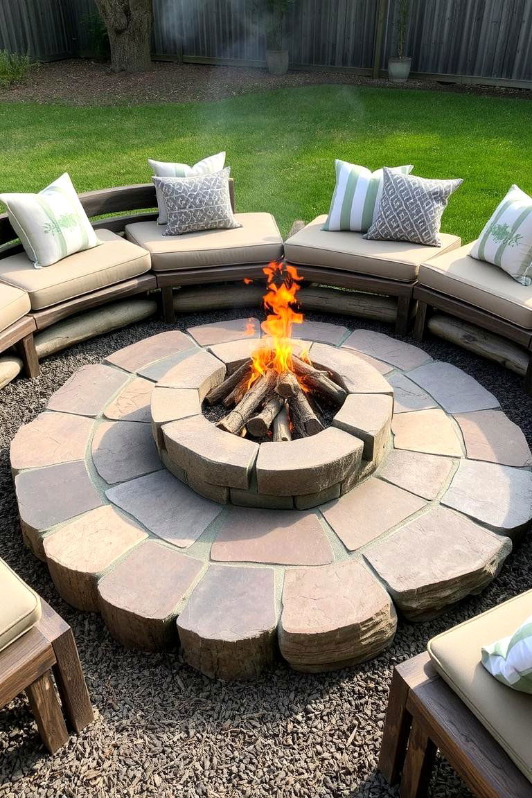 Flagstone Fire Pit with a Rustic Wood Surround - 24 Flagstone Fire Pit Ideas